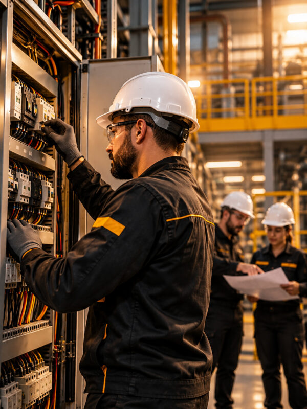 Técnico trabalhando em painel elétrico industrial.
