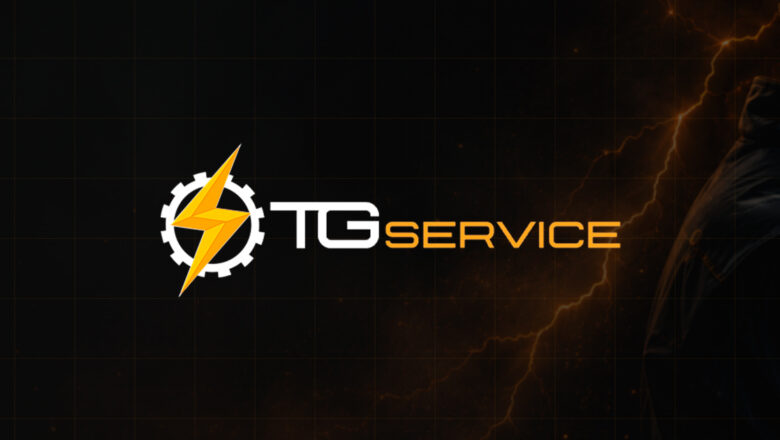 Logotipo da TG Service sobre fundo escuro com elementos visuais de energia elétrica industrial.